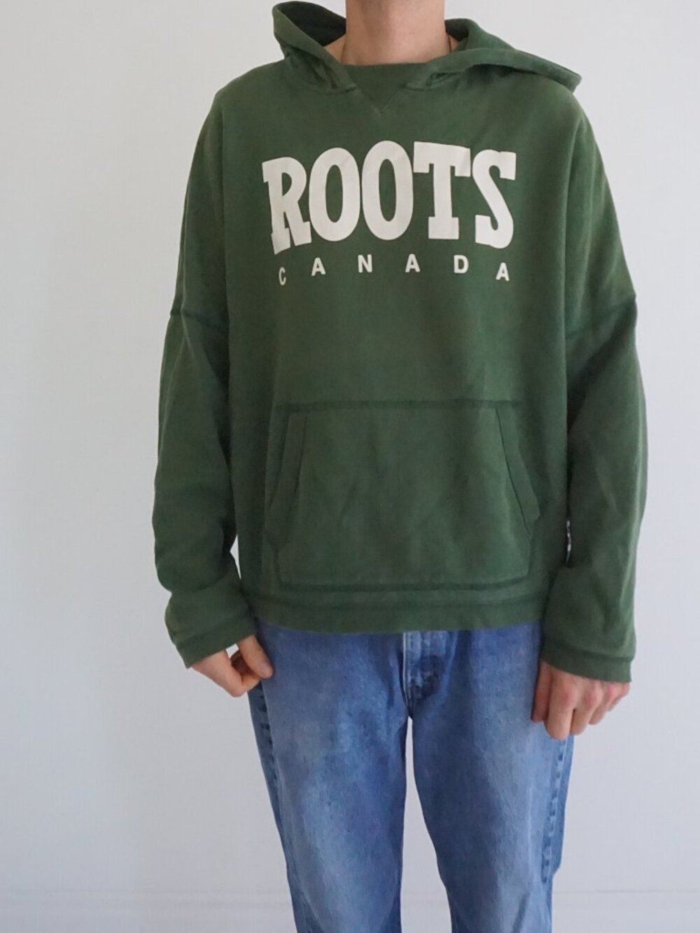 Roots Olive Green White Canada Spellout Logo Kangaroo Pocket Hooded Sweatshirt L